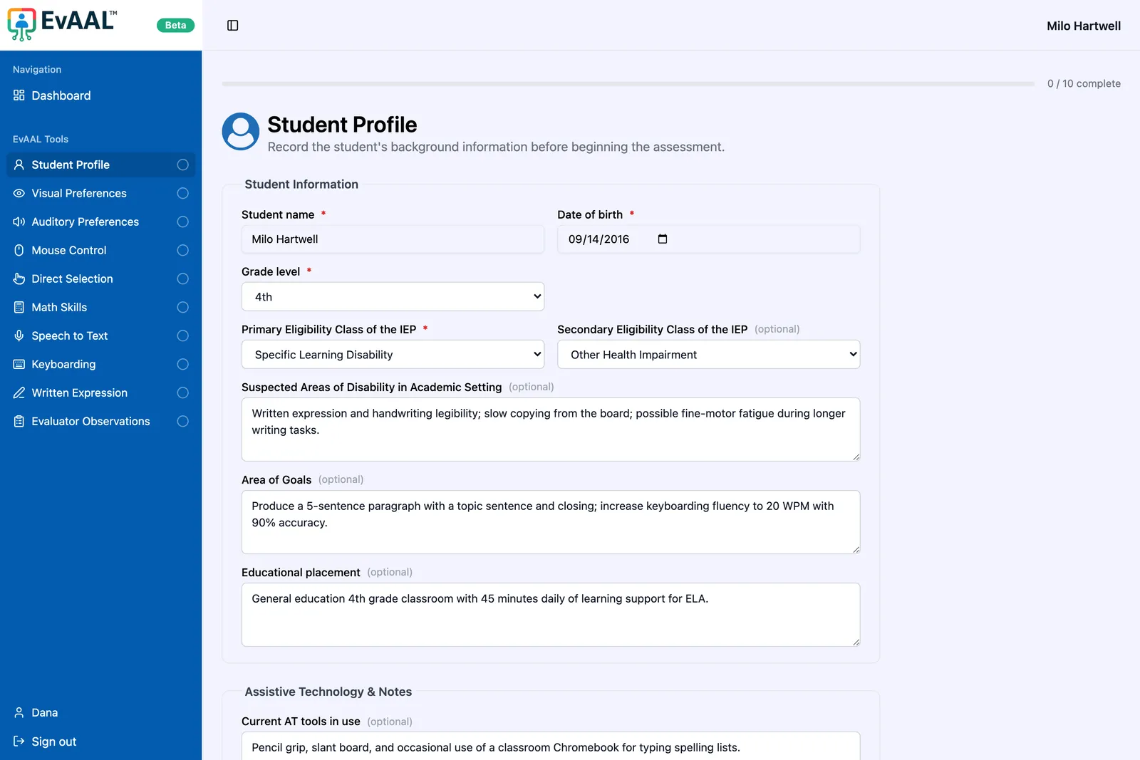 The new evaluation flow: a sidebar listing every subtest with progress, and the Student Profile form