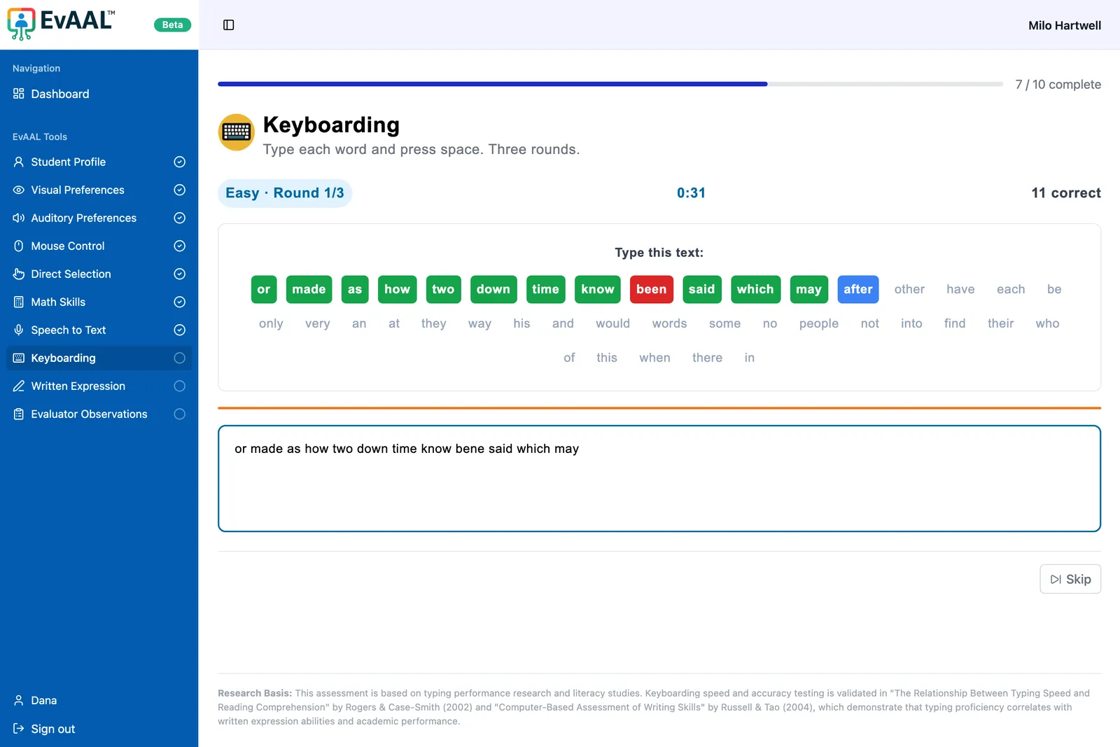 The new keyboarding subtest: words highlight green or red as the student types