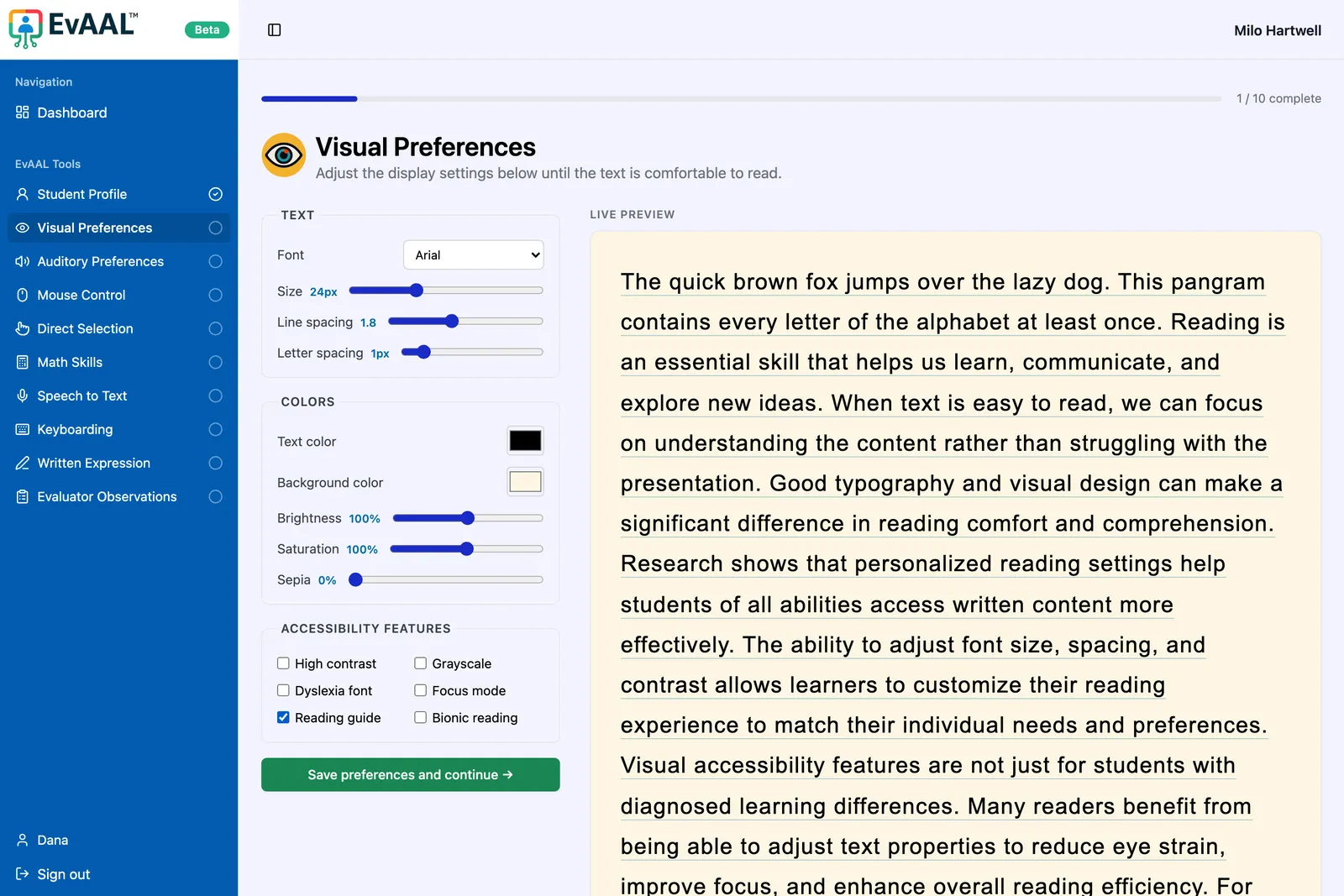 Visual Preferences: font, size, spacing and color controls beside a live reading preview on a cream background