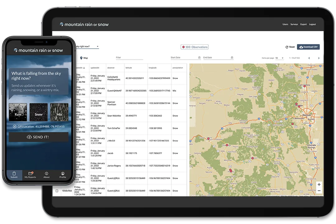 Mountain Rain or Snow on a phone and tablet, showing the precipitation report screen and the observation dashboard