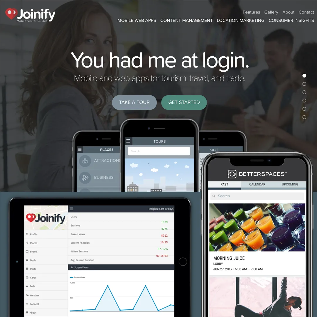Joinify marketing site with the headline 'You had me at login' over app and dashboard screenshots