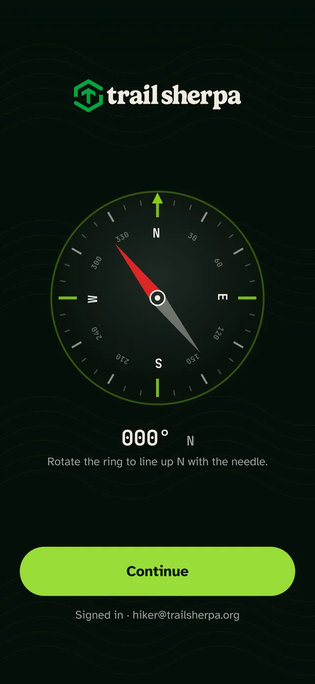 Trail Sherpa web app's compass screen: the needle points northeast, with a Continue button for the signed-in hiker
